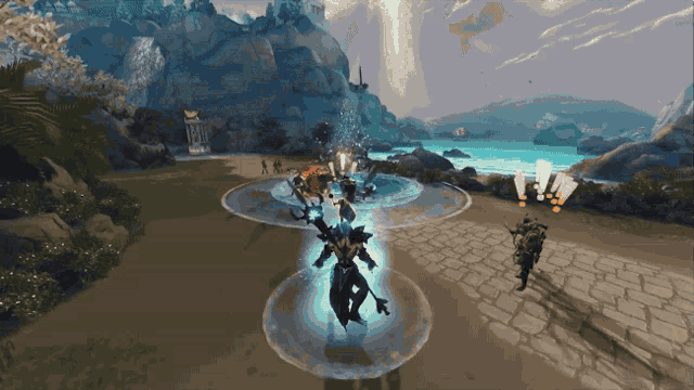 a video game is being played in a landscape with mountains in the background