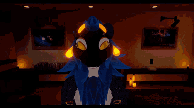 a computer generated image of a cartoon character in a dark room with candles
