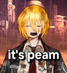 a man in a suit and tie is crying with the words `` it 's peam '' written on it .