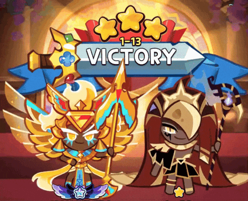 two cartoon characters standing next to each other with a banner that says victory
