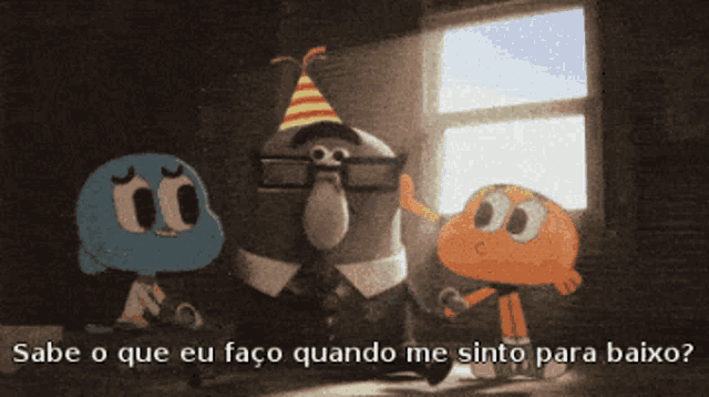 a cartoon of gumball darwin and a man wearing a party hat