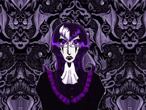 a cartoon drawing of a woman with purple hair and glasses