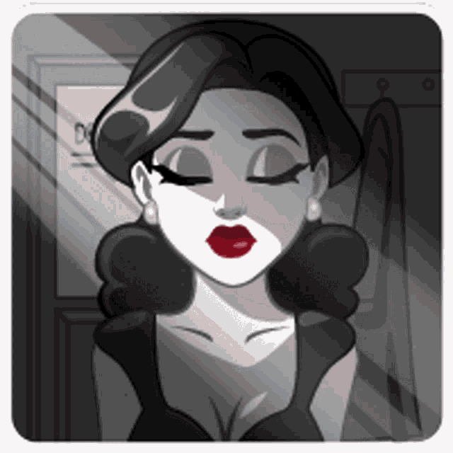 a black and white cartoon of a woman with red lips and earrings