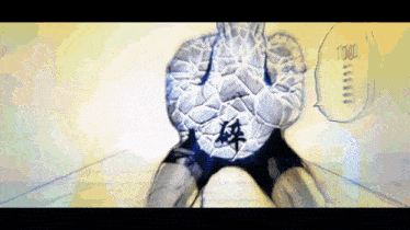 a cartoon drawing of a man with chinese writing on his torso