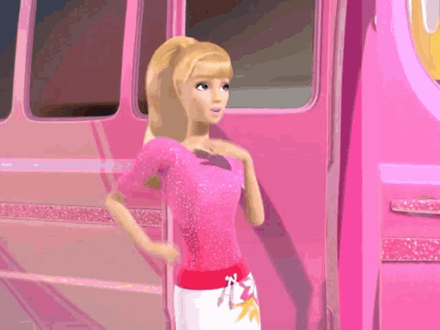a barbie doll is standing next to a pink vehicle