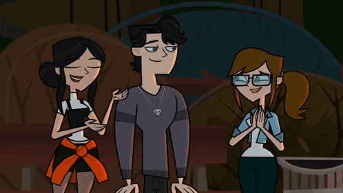 three cartoon characters standing next to each other with one wearing glasses