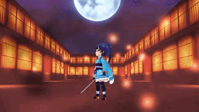 a girl in a blue kimono holding a sword stands in front of a full moon