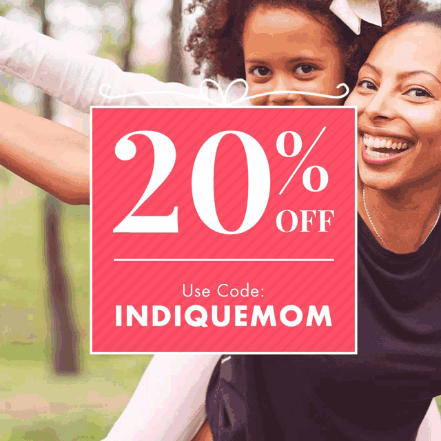 a woman carrying a child on her shoulders with a sign that says 20 % off