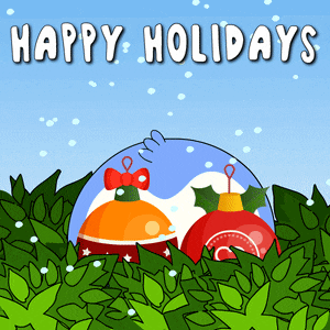 a happy holidays greeting card with christmas ornaments in the background