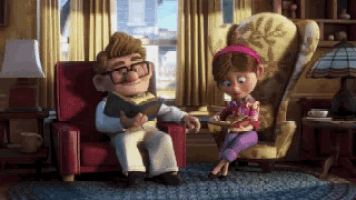 a cartoon man is reading a book to a girl
