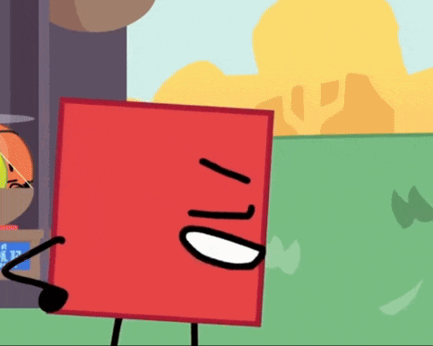 a red square cartoon character with a big smile on his face .