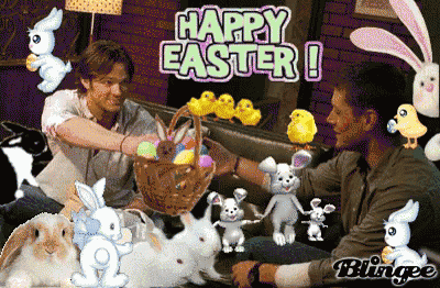 two men are sitting on a couch surrounded by bunnies and chicks and the words happy easter