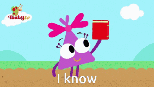 a cartoon of a purple triangle holding a red book with the words " i know " below it