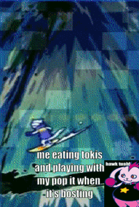 a cartoon of a person skiing down a mountain with the words me eating tokis and playing with my pop it when
