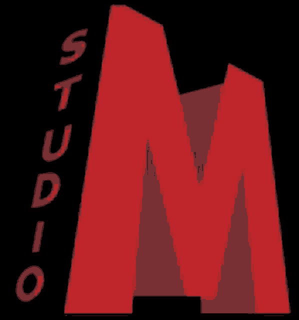 a red studio logo with the letter m in the middle