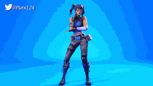 a video game character is standing in front of a blue background with the twitter username purx124