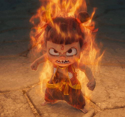 a cartoon character with fire coming out of his head