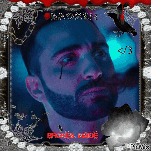 a picture of a man with a beard and a crying eye with the caption broken pride
