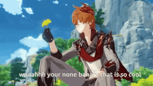 a cartoon character is holding a flower in his hand and says woahhhh your none banary that is so cool .