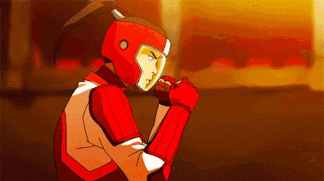 a cartoon character in a red helmet and gloves