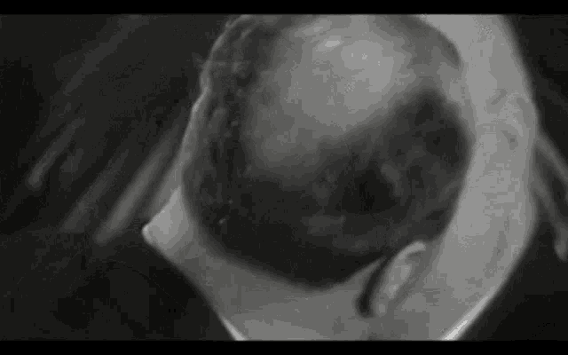 a man 's head is visible in a black and white photo .