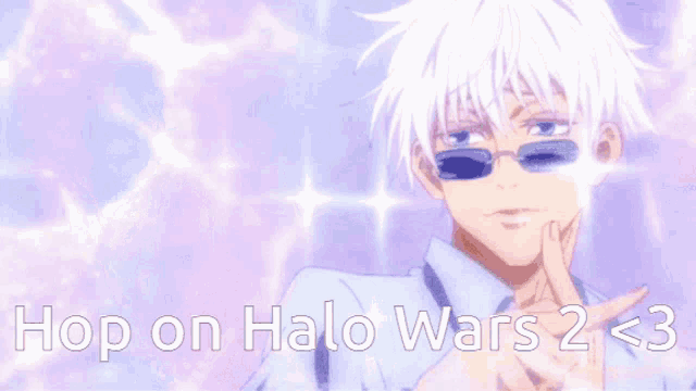 a man with white hair and sunglasses is pointing at something with the words hop on halo wars 2 < 3