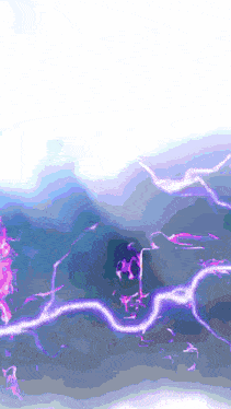 a purple lightning bolt strikes against a blue and white background