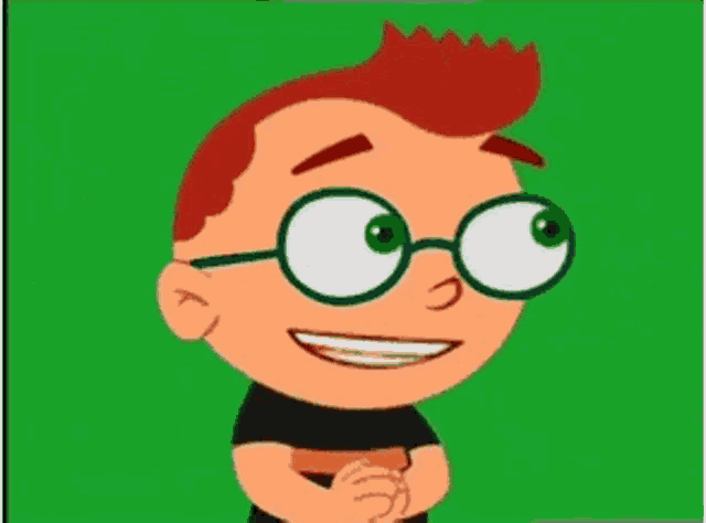 a cartoon boy wearing glasses and a black shirt is waving his hands in the air .