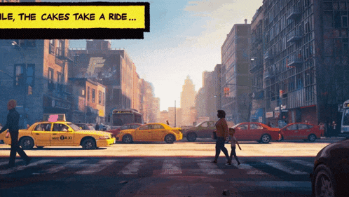 a busy city street with a sign that says " while the cakes take a ride ... "