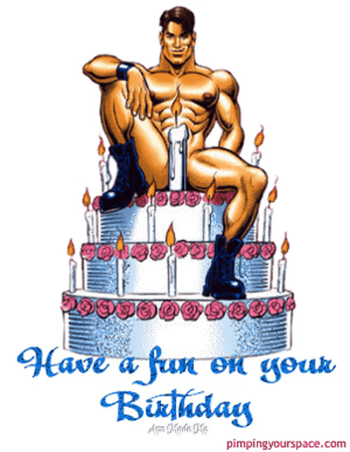 a birthday card with a naked man on top of a cake