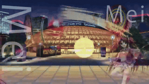 a girl stands in front of a building that says " tokyo dome "