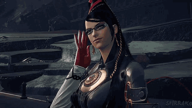 a woman wearing glasses and a red glove stands in front of a waterfall and a sign that says smirrako