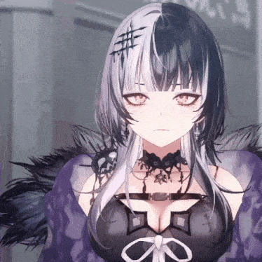 a girl with black and white hair and a choker