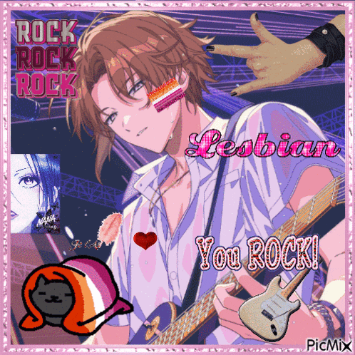 a picture of a man playing a guitar with the words rock rock rock lesbian you rock on it
