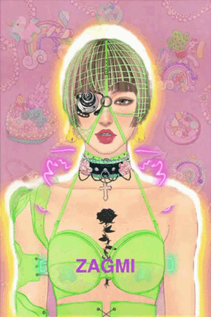 a drawing of a woman with green hair and the name zagmi on her chest