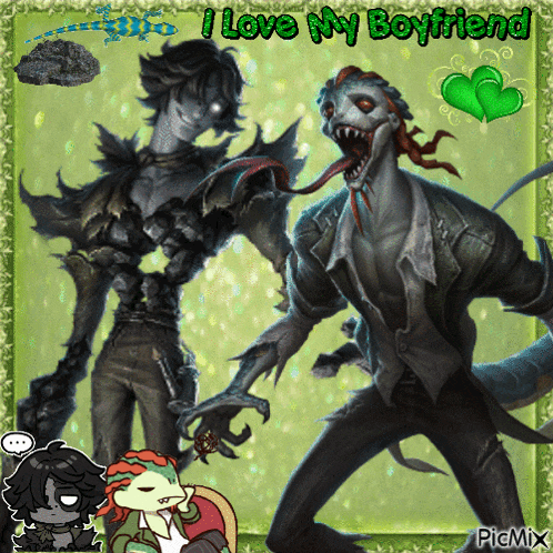 a picture of two monsters that says i love my boyfriend on it
