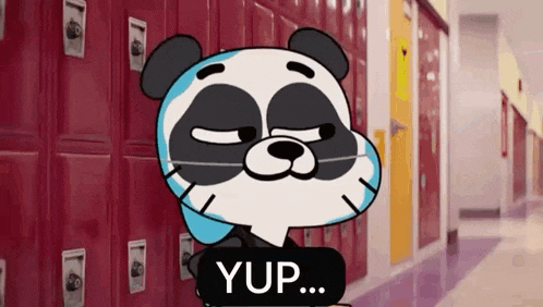 a panda bear from the amazing world of gumball is standing in a hallway next to red lockers .