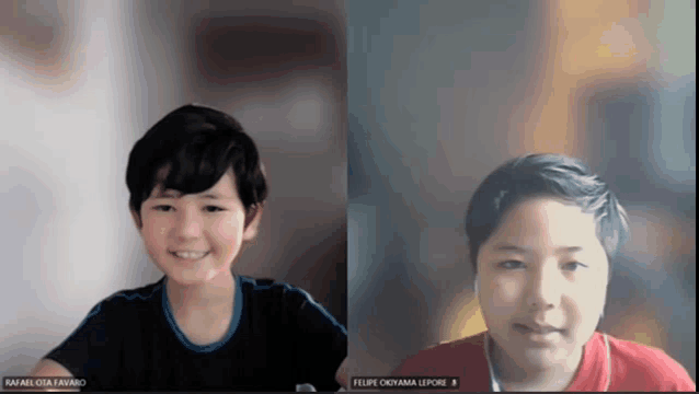 two young boys are on a video call with the name felipe okayama lepore
