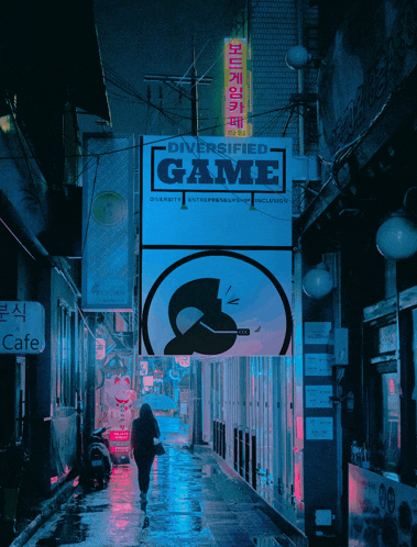 a woman walks down a wet alleyway with a sign that says ' diversified game '