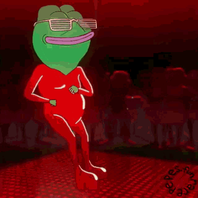 a green frog wearing sunglasses and a red bodysuit is dancing