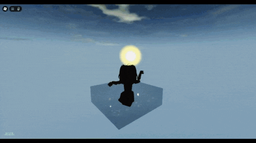 a silhouette of a person floating on a cube with a sun behind them