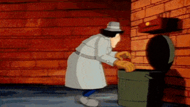 a cartoon character is throwing something in a trash can