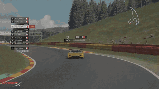 a yellow car with the number 12 on it is driving on a race track
