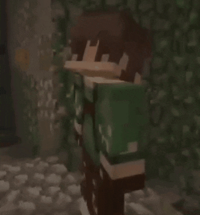 a minecraft character with a green shirt and a beard is standing in front of a wall .