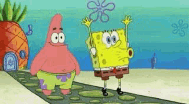 patrick star and spongebob squarepants are standing next to each other on a beach .