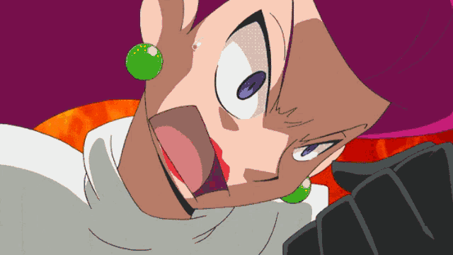 a cartoon character with purple hair and green earrings is making a funny face
