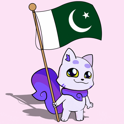 a cartoon cat holding a flag with a crescent moon and star