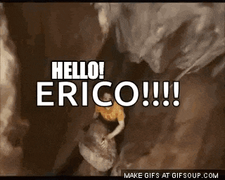 a man is holding a rock in a cave and says `` hello ! erico !!! ''