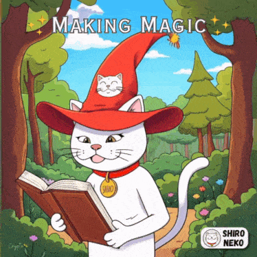 a cartoon of a cat wearing a red witch hat reading a book called making magic