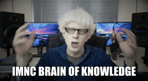 a man wearing glasses and a blue shirt says imnc brain of knowledge